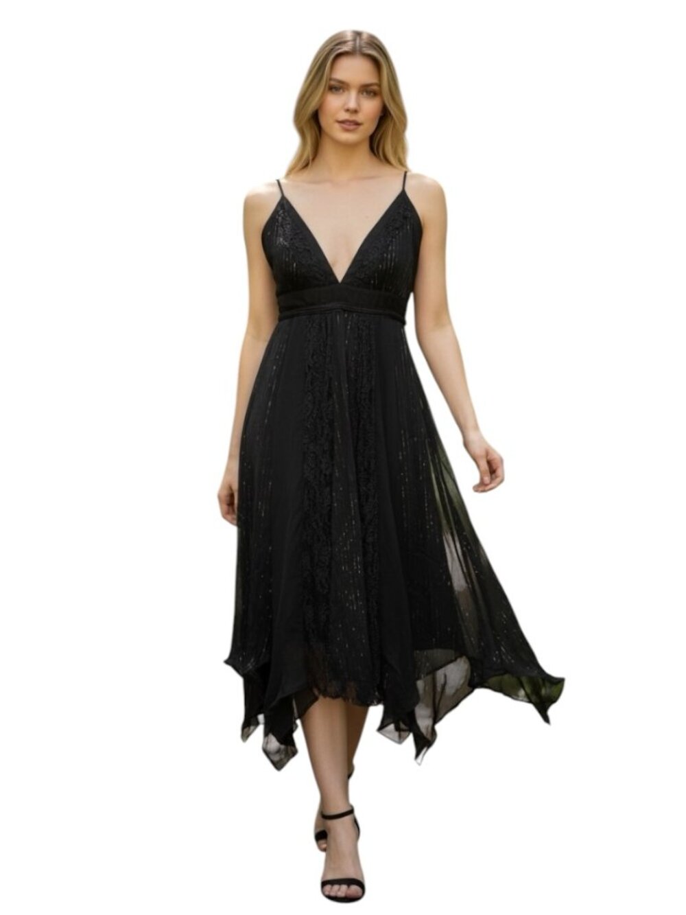 Ecote Black Lace Boho Fairy Dress M Handkerchief Hem Goth Festival Midi